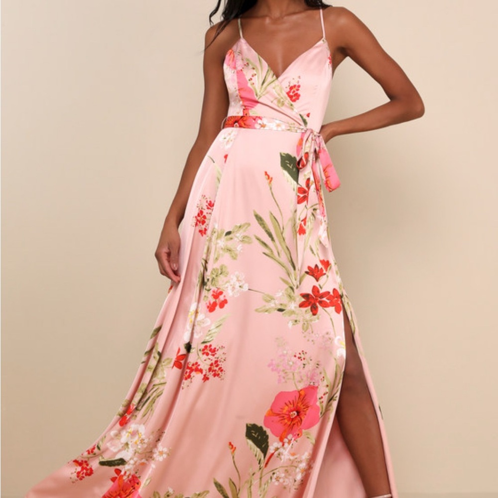 Lulus Still the One Blush Pink Floral Print Satin Maxi Dress